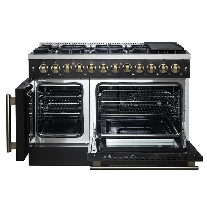 Forno Galiano 48" French Door Dual Fuel Range, 8 Burners, Electric Convection Oven, Black Antique Brass Trim, FFSGS6356-48BLK