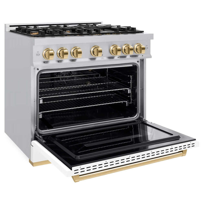 ZLINE 36" Classic Gas Range, Convection Gas Oven Stainless Steel, White Matte Door Polished Gold CGRZ-WM-36-G