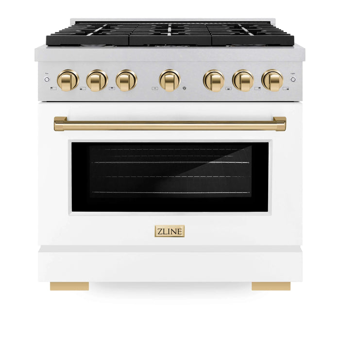 ZLINE 36"Paramount Dual Fuel Range DuraSnow® White Matte, Gold SDRSZ-WM-36-G