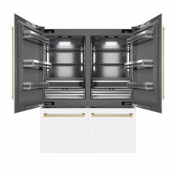 ZLINE 60" Built-In Bottom Freezer Refrigerator with Water Dispenser, Ice Maker, White Matte, Graphite Gray Interior, Champagne Bronze GRBIVZ-WM-60-CB