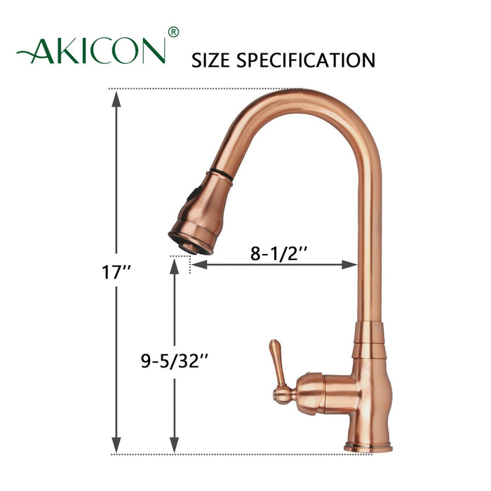 Copper Pull Out Kitchen Faucet, Single Level Solid Brass Kitchen Sink Faucets with Pull Down Sprayer - AK96418C
