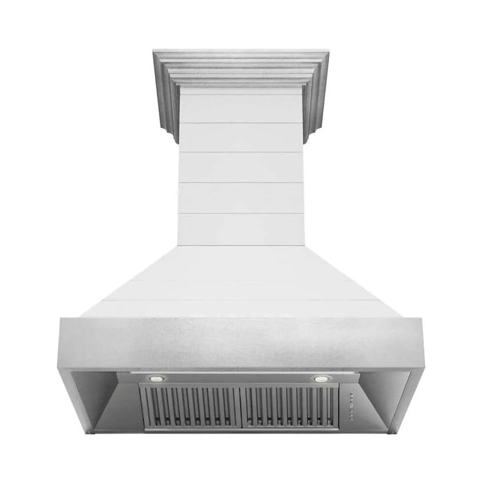 ZLINE Wooden Wall Mount Range Hood Rustic Shiplap Bright White Finish, Stainless Steel Accents 365WW-30