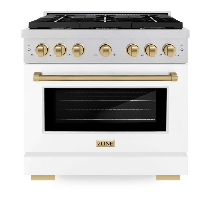 ZLINE 36"Paramount Dual Fuel Range DuraSnow® White Matte, Champagne Bronze SDRSZ-WM-36-CB