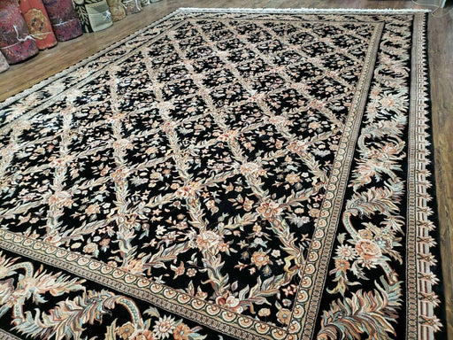 10' X 14' Handmade Fine Chinese Allover Floral Wool Rug Hand Knotted Black Nice - Farmhouse Kitchen and Bath