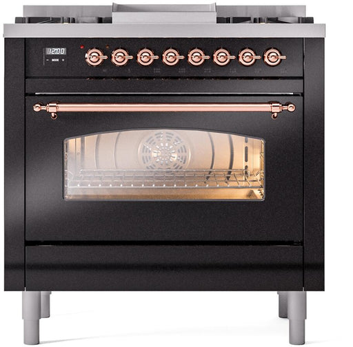 ILVE Nostalgie II 36" Dual Fuel Liquid Propane Range, Glossy Black, Copper Trim UP36FNMPBKPLP ILVE