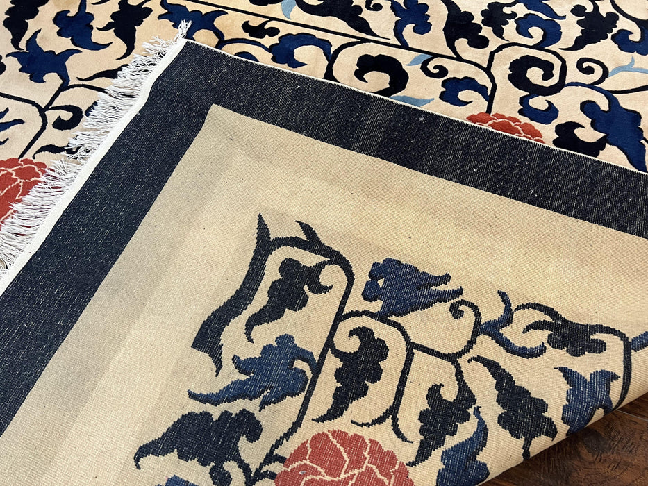 10x14 Chinese Peking Rug, Allover Pattern, Beige Black Blue Red, Handmade Hand Knotted Vintage 1940s Antique Living Room Chinese Carpet Nice