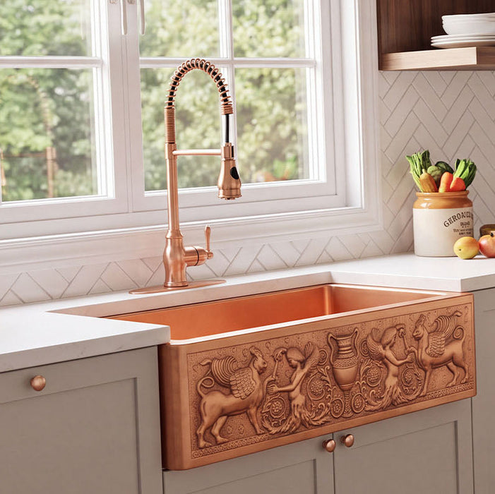 NAUXUS Copper Farmhouse Kitchen Sink, Handmade Hammered Single-Bowl Copper Apron Sink Include Kitchen Basket Stainer , FMHK05-NX
