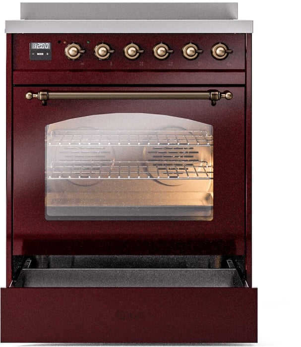 ILVE Nostalgie II 30" Electric Range, Burgundy, Bronze Trim UPI304NMPBUB ILVE