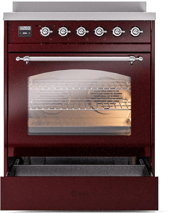 ILVE Nostalgie II 30" Electric Range, Burgundy, Chrome Trim UPI304NMPBUC ILVE