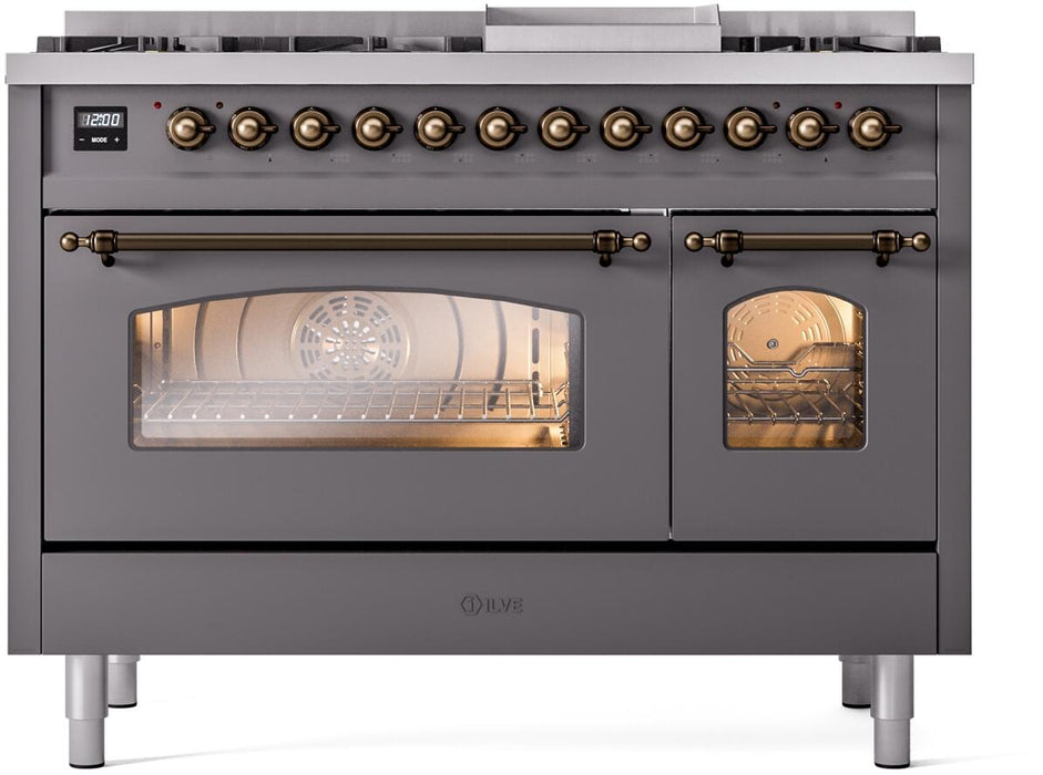 ILVE Nostalgie II 48" Dual Fuel Liquid Propane Range, Matte Graphite, Bronze Trim UP48FNMPMGBLP ILVE