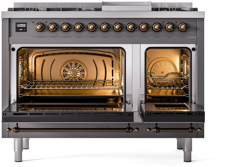 ILVE Nostalgie II 48" Dual Fuel Liquid Propane Range, Matte Graphite, Bronze Trim UP48FNMPMGBLP ILVE