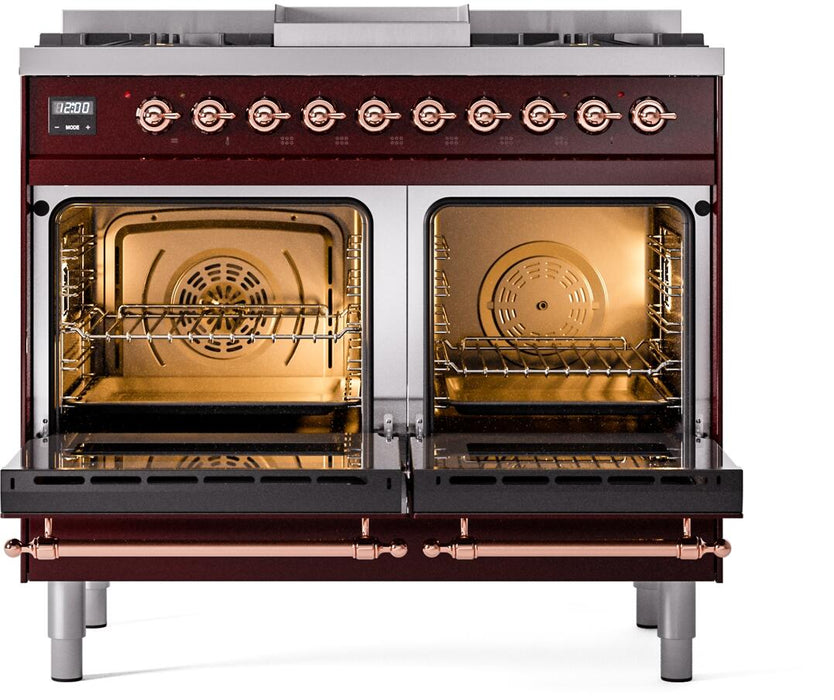 ILVE Nostalgie II 40" Dual Fuel Natural Glass Range, Burgundy, Copper Trim UPD40FNMPBUP ILVE