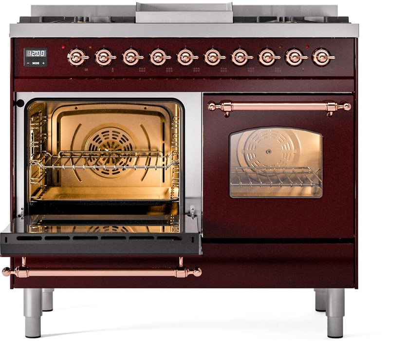 ILVE Nostalgie II 40" Dual Fuel Natural Glass Range, Burgundy, Copper Trim UPD40FNMPBUP ILVE