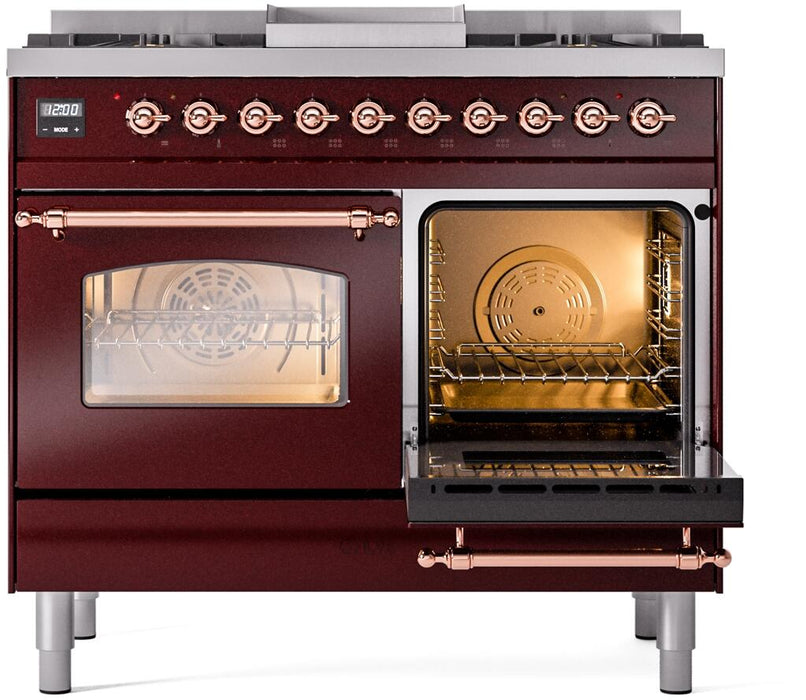 ILVE Nostalgie II 40" Dual Fuel Natural Glass Range, Burgundy, Copper Trim UPD40FNMPBUP ILVE