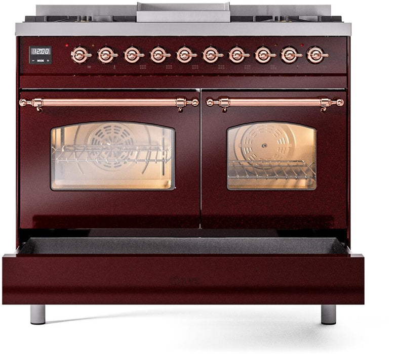 ILVE Nostalgie II 40" Dual Fuel Natural Glass Range, Burgundy, Copper Trim UPD40FNMPBUP ILVE