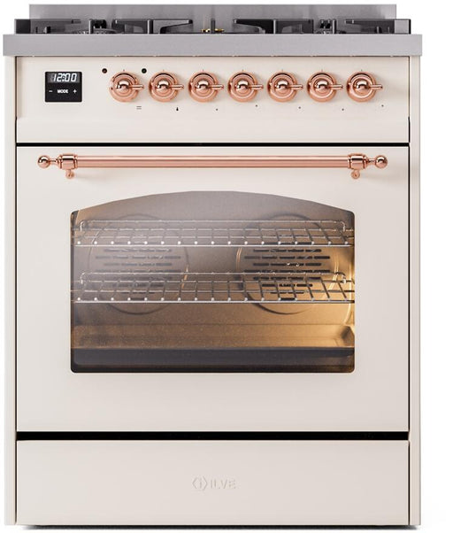 ILVE Nostalgie II 30" Dual Fuel Natural Gas Range, Antique White, Copper Trim UP30NMPAWP ILVE