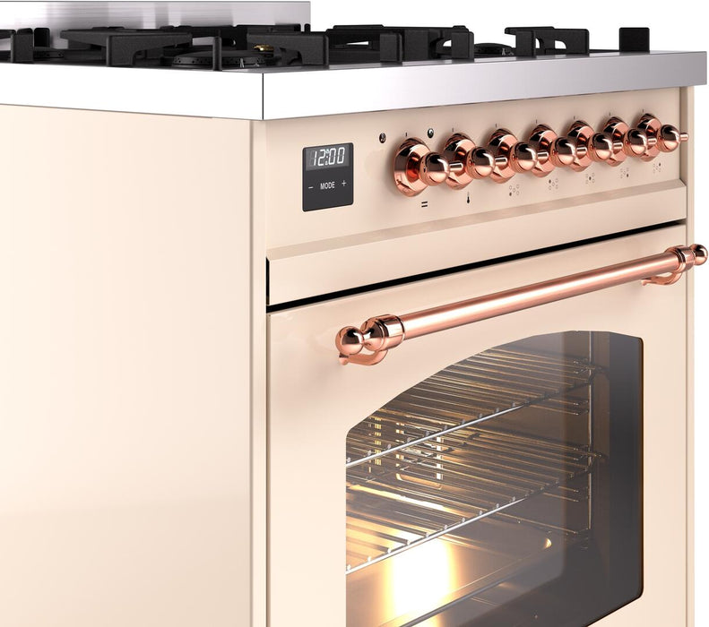 ILVE Nostalgie II 30" Dual Fuel Natural Gas Range, Antique White, Copper Trim UP30NMPAWP ILVE