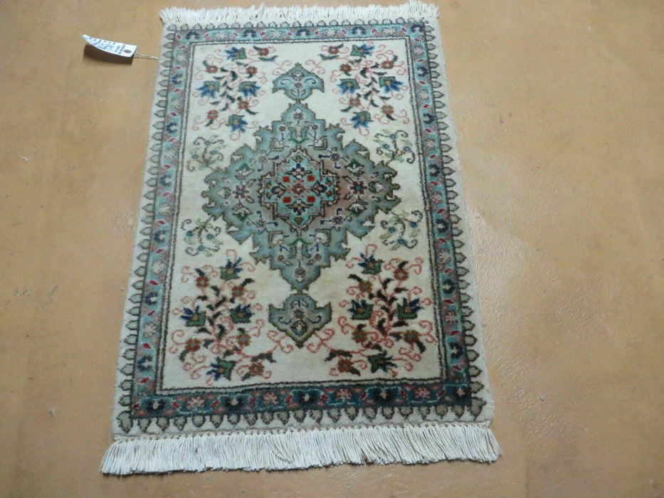 1' 9" X 2' 5" Handmade Indian Wool Rug Lahore Floral Design Small Oriental Rug Beige & Teal