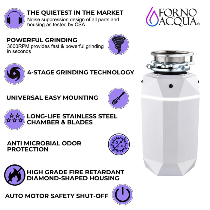 FORNO ACQUA BrightDiamond 1HP Super Quiet Garbage Disposal Motion Sensor WDD100TA2MS