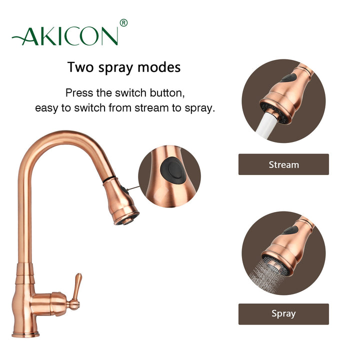 Copper Pull Out Kitchen Faucet, Single Level Solid Brass Kitchen Sink Faucets with Pull Down Sprayer - AK96418C