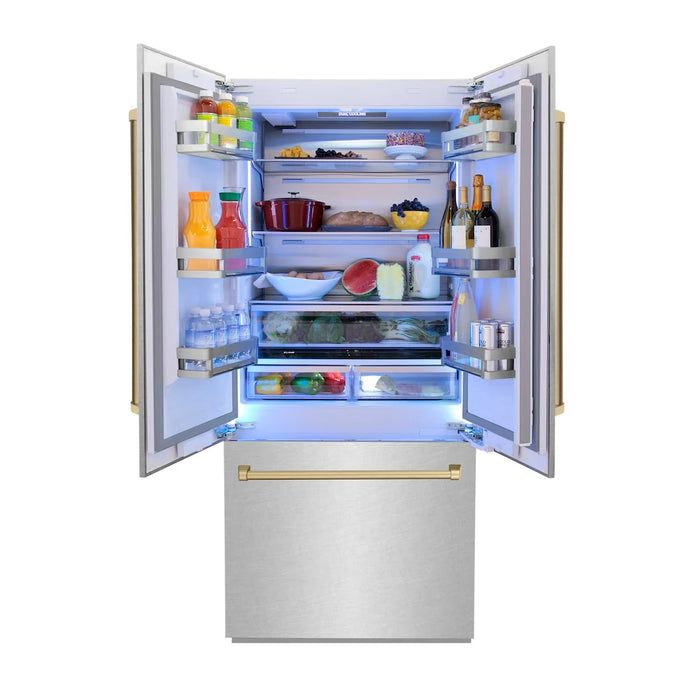 ZLINE Autograph Edition 36" French Door Built-In Bottom Freezer Refrigerator, Water Dispenser, Ice Maker, Satin Stainless Steel, Accents RBIVZ-SN-36-CB