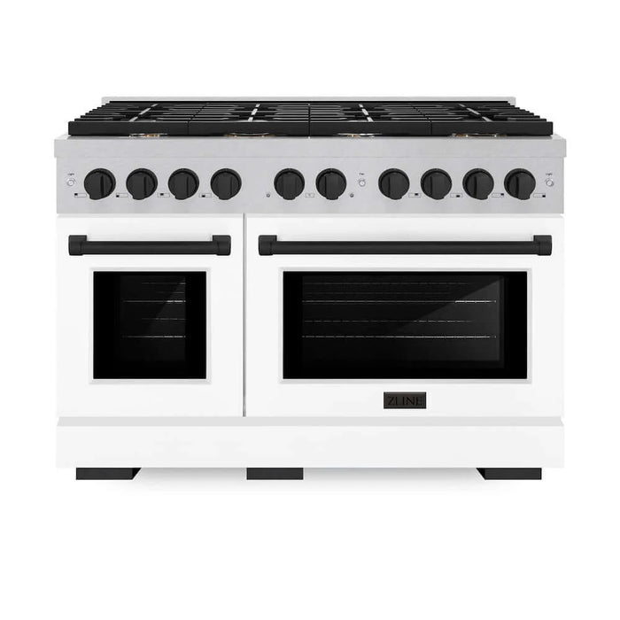 ZLINE 48"Gas Range, Convection Gas Oven, DuraSnow® White Matte, Matte Black SGRSZ-WM-48-MB