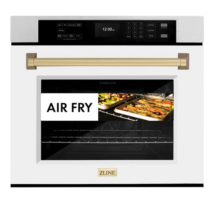 ZLINE 30"Professional True Convection Single Wall Oven, Air Fry, Self Clean, DuraSnow® White Matte, Champagne Bronze WASSZ-WM-30-CB