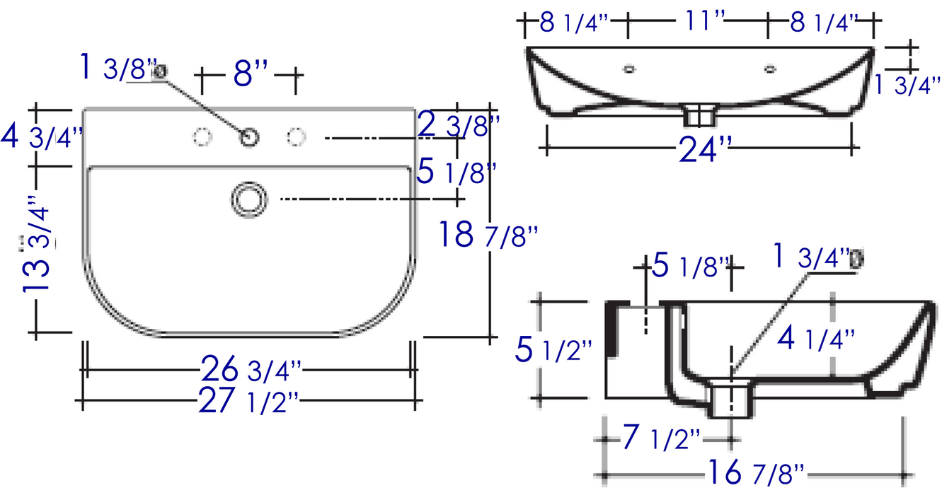 ALFI brand 28" White D-Bowl Porcelain Wall Mounted Bath Sink AB112