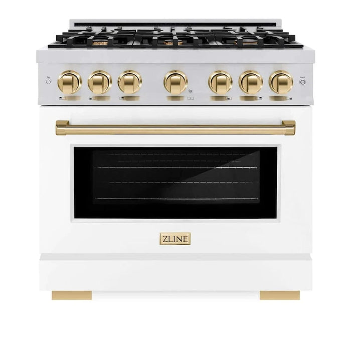 ZLINE 36" Select Gas Range Convection Gas Oven Stainless Steel White Matte Doors Polished Gold HGRZ-WM-36-G