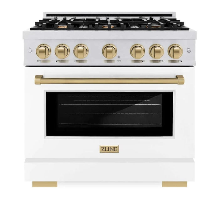 ZLINE 36" Select Gas Range Convection Gas Oven DuraSnow® Stainless Steel White Matte Door Champagne Bronze HGRSZ-WM-36-CB