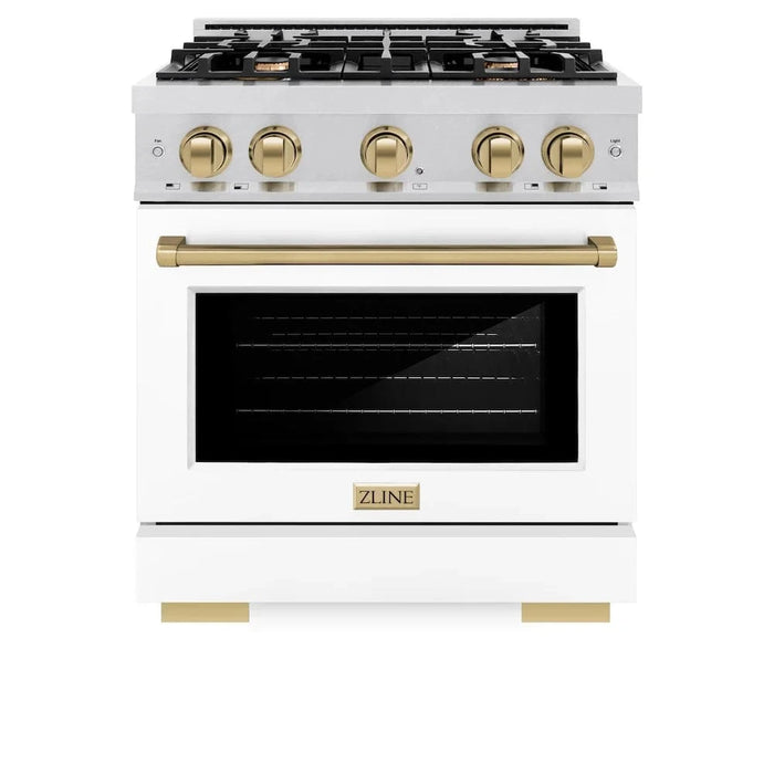 ZLINE 30" Select Dual Fuel Range Gas Cooktop Electric Convection Oven DuraSnow® Stainless Steel White Matte Door Champagne Bronze HDRSZ-WM-30-CB