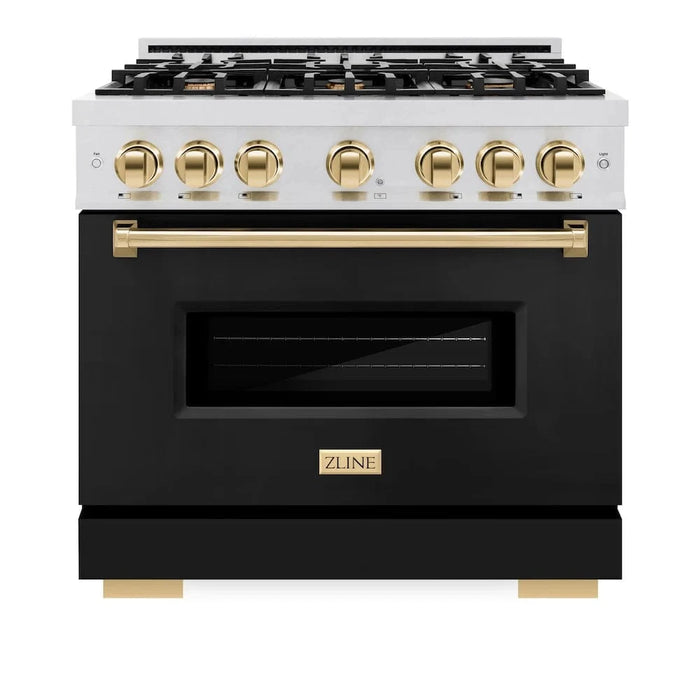 ZLINE 36" Dual Fuel Range, Gas Cooktop, Electric Convection Oven DuraSnow®Stainless Steel, Black Matte Door Polished Gold CDRSZ-BLM-36-G