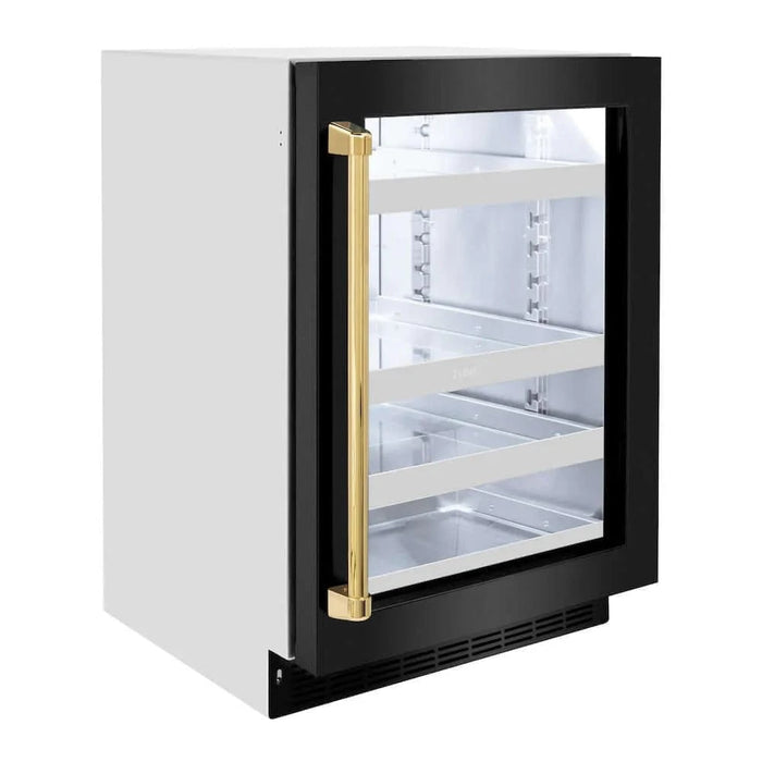 ZLINE 24" Touchstone 151 Can Beverage Fridge Black Stainless Steel Glass Door Gold Handle RBSOZ-BS-24-G