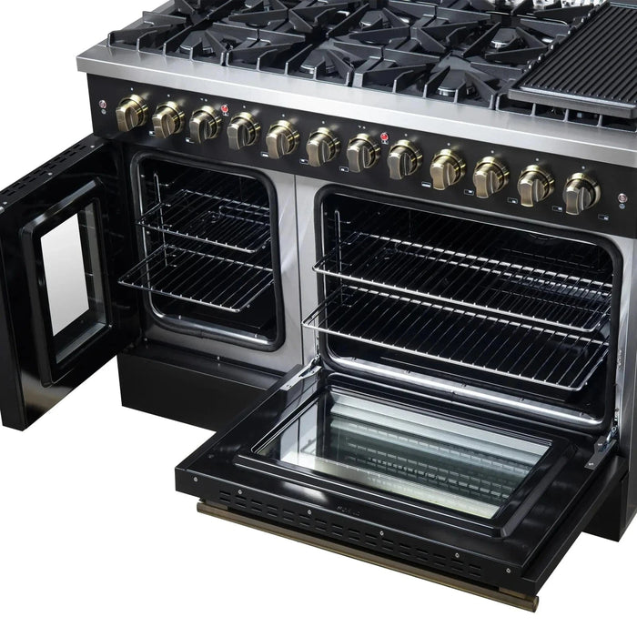 Forno Galiano 48" French Door Dual Fuel Range, 8 Burners, Electric Convection Oven, Black Antique Brass Trim, FFSGS6356-48BLK