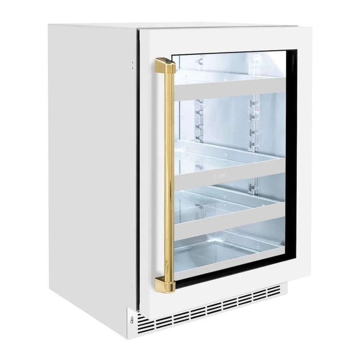 ZLINE 24" Touchstone 151 Can Beverage Fridge White Matte Glass Door Polished Gold Handle RBSOZ-WM-24-G