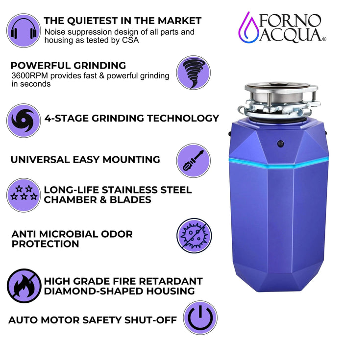 FORNO ACQUA BrightDiamond 1HP Super Quiet Garbage Disposal Motion Sensor WDD100TA1AM