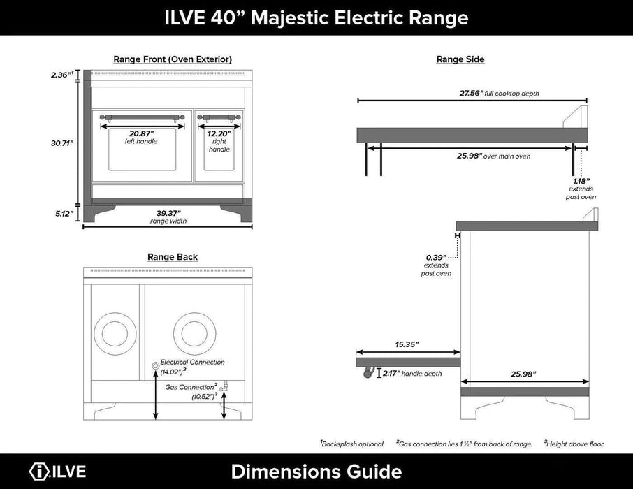 ILVE 40"Majestic II Induction Range Glossy Black Brass Trim UMDI10NS3BKG