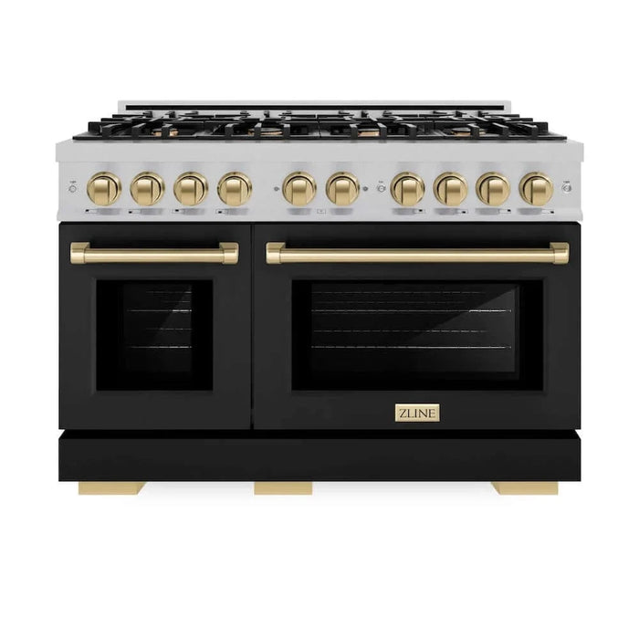ZLINE 48" Select Gas Range Convection Gas Oven DuraSnow® Stainless Steel Black Matte Door Champagne Bronze HGRSZ-BLM-48-CB
