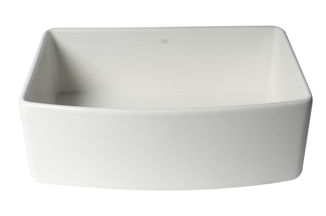 ALFI Brand White Smooth Curved Apron 30" Single Bowl Fireclay Farm Sink, Grid ABFC3020-W