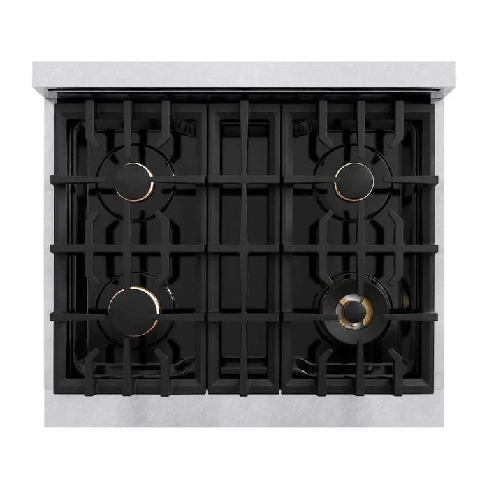ZLINE 36" Dual Fuel Range, Gas Cooktop, Electric Convection Oven DuraSnow® Stainless Steel, White Matte Door Matte Black CDRSZ-WM-36-MB