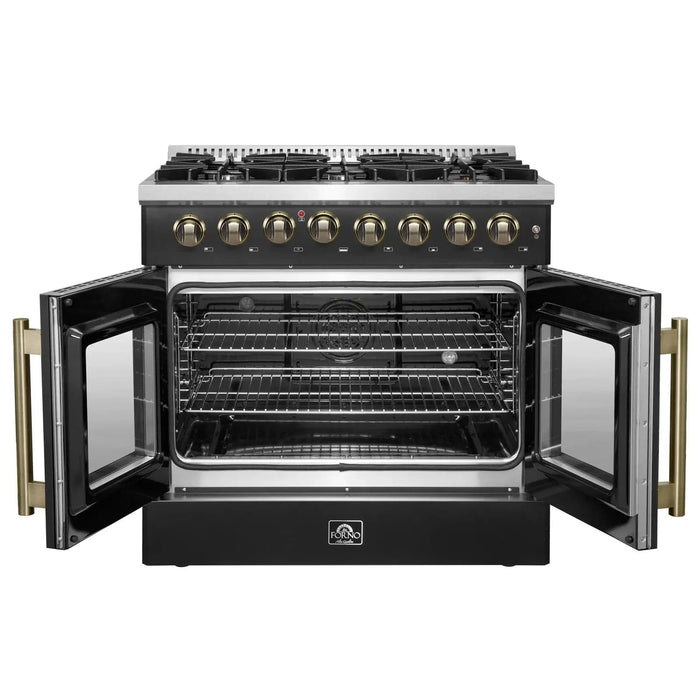Forno Galiano 36"French DoorDual Fuel Range, Gas Stove, Electric Oven Black, Antique Brass Trim, FFSGS6356-36BLK