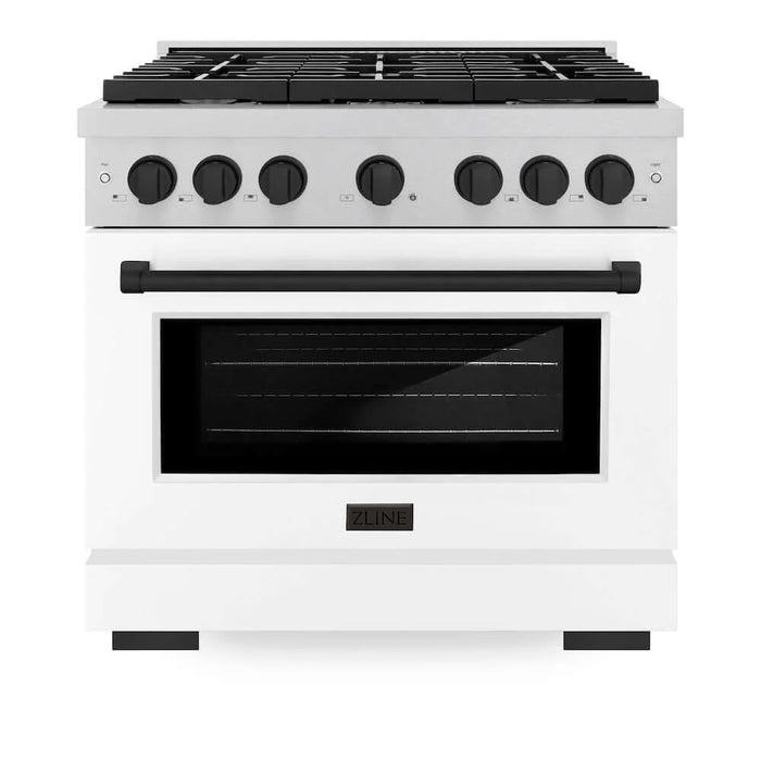 ZLINE 36"Gas Range, Convection Gas Oven, DuraSnow® White Matte, Matte Black SGRSZ-WM-36-MB