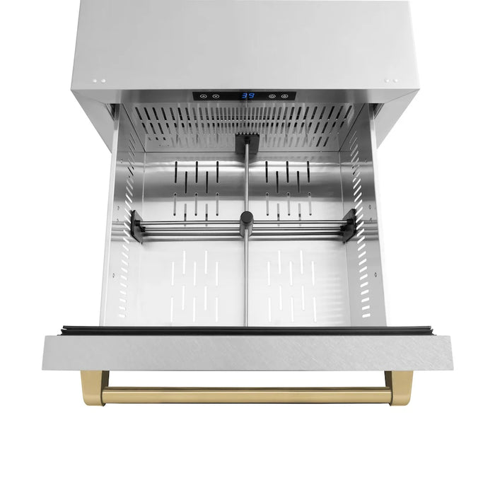 ZLINE Autograph Edition 24" Touchstone 168 Can Outdoor-Rated Dual Refrigerator Drawer, Satin Stainless Steel Door, Accents  RDSOZ-SN-24-CB