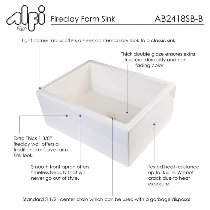 ALFI brand 24" Smooth Thick Wall Fireclay Single Bowl Farm Sink AB2418SB