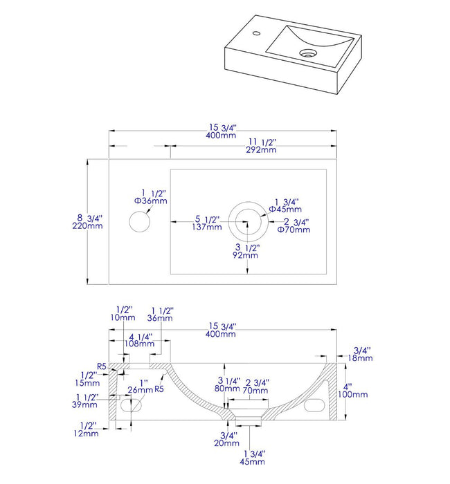 ALFI brand 16" Small Rectangular Solid Concrete Gray Matte Wall Mounted Bathroom Sink ABCO108