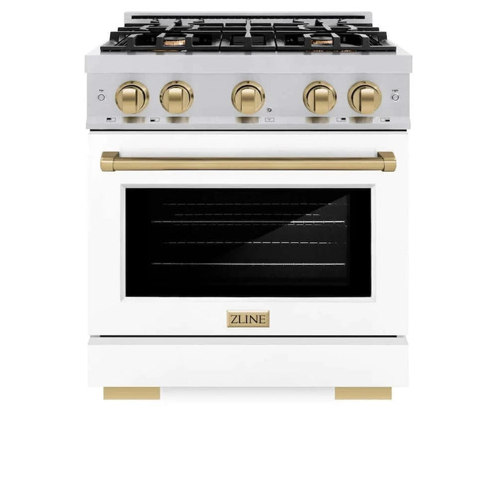 ZLINE 30" Select Dual Fuel Range Gas Cooktop Electric Convection Oven Stainless Steel White Matte Doors Champagne Bronze HDRZ-WM-30-CB