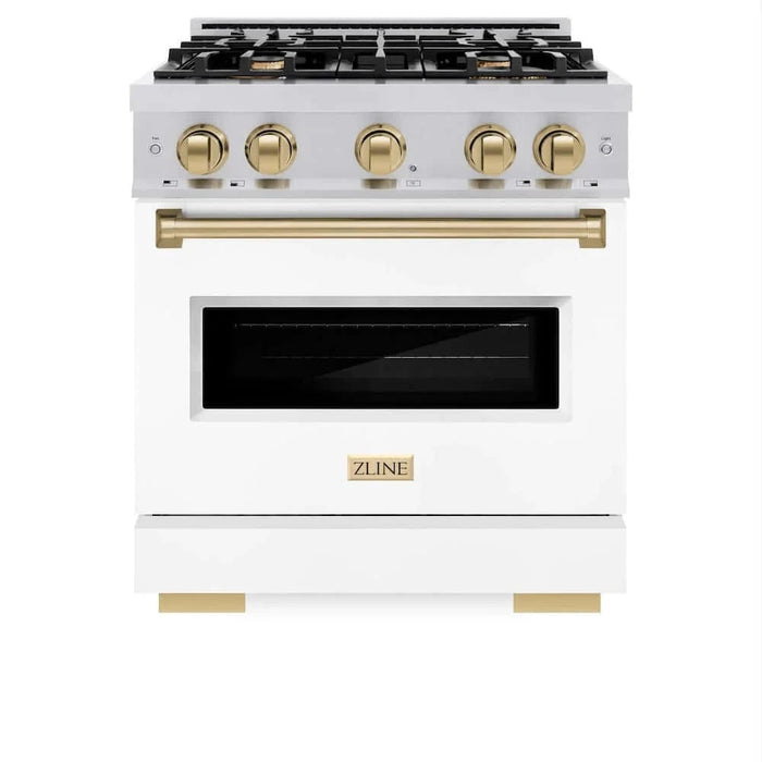 ZLINE 30" Classic Gas Range, Convection Gas Oven Stainless Steel, White Matte Door Champagne Bronze CGRZ-WM-30-CB