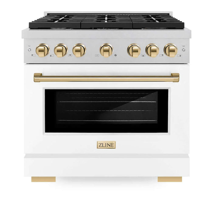 ZLINE 36"Gas Range, Convection Gas Oven, DuraSnow® White Matte, Gold SGRSZ-WM-36-G