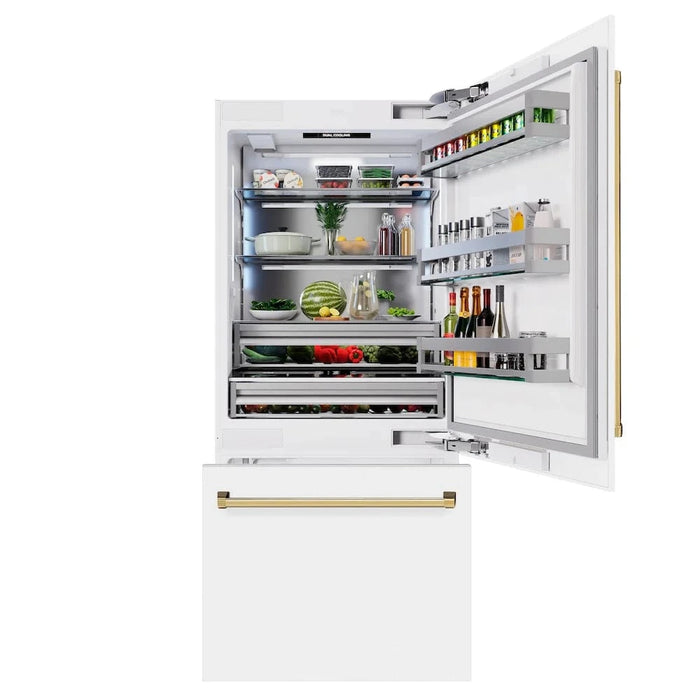 ZLINE 36" Built-In Bottom Freezer Refrigerator,Water Dispenser, Ice Maker, White Matte Polished Gold RBITZ-WM-36-G