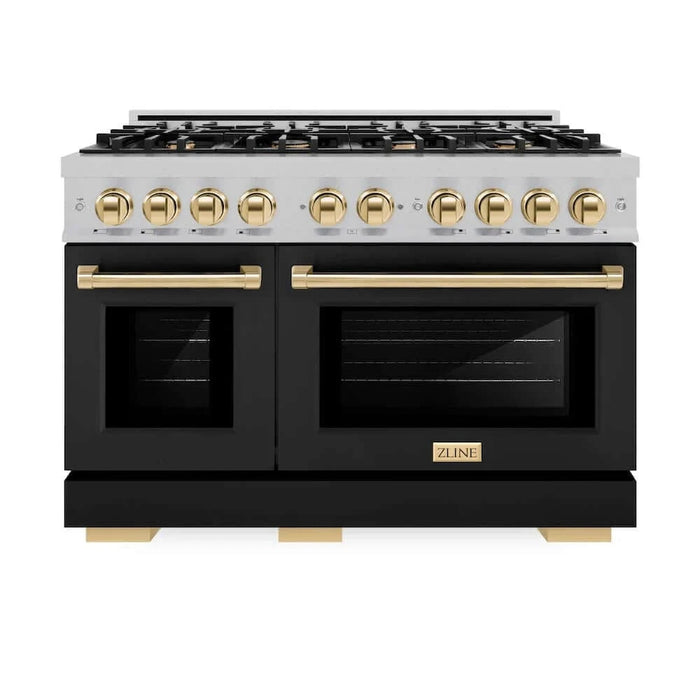 ZLINE 48" Select Gas Range  Convection Gas Oven DuraSnow® Stainless Steel Black Matte Door Gold HGRSZ-BLM-48-G